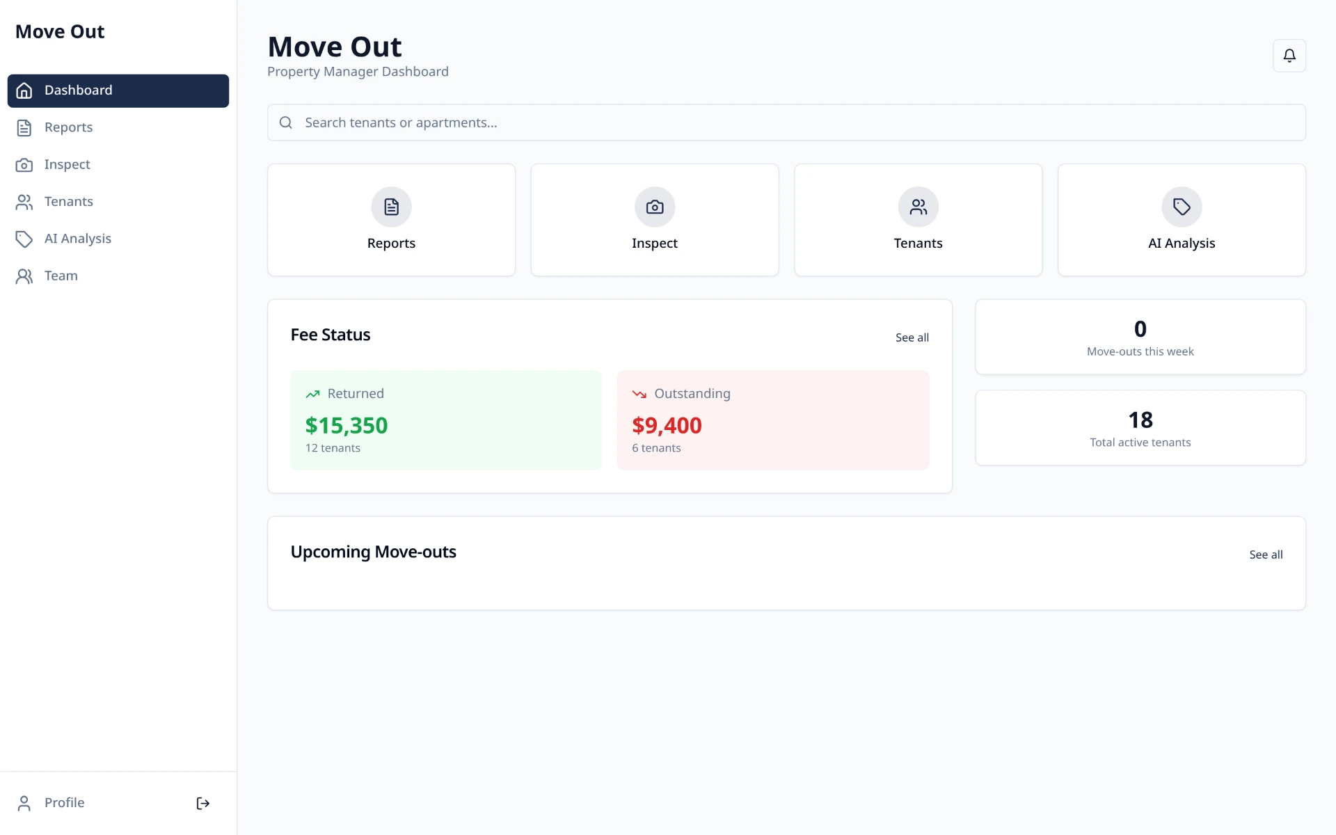 Move Out property manager dashboard showing fees returned and outstanding