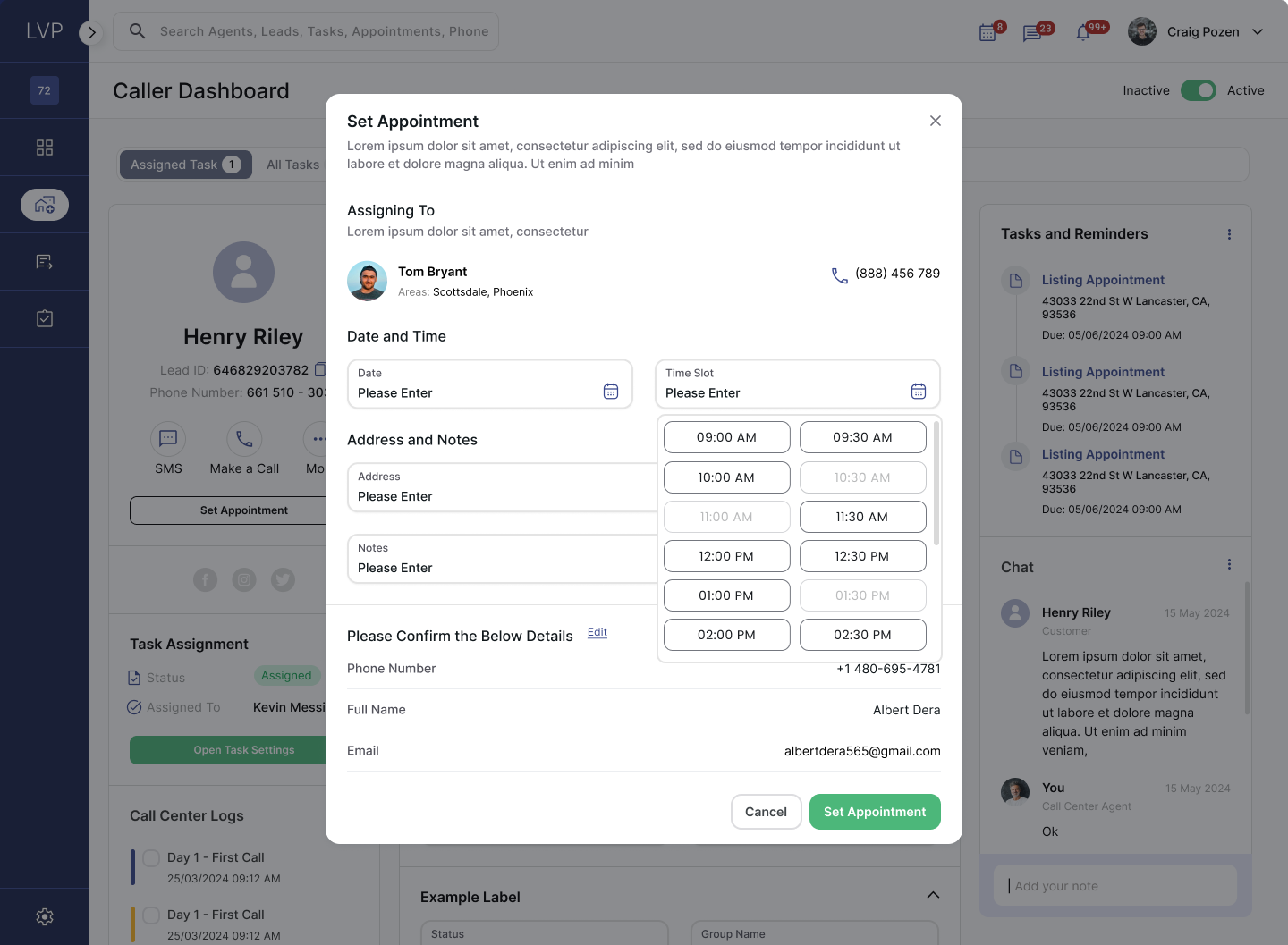 Lead Vision Pro appointment scheduling screen