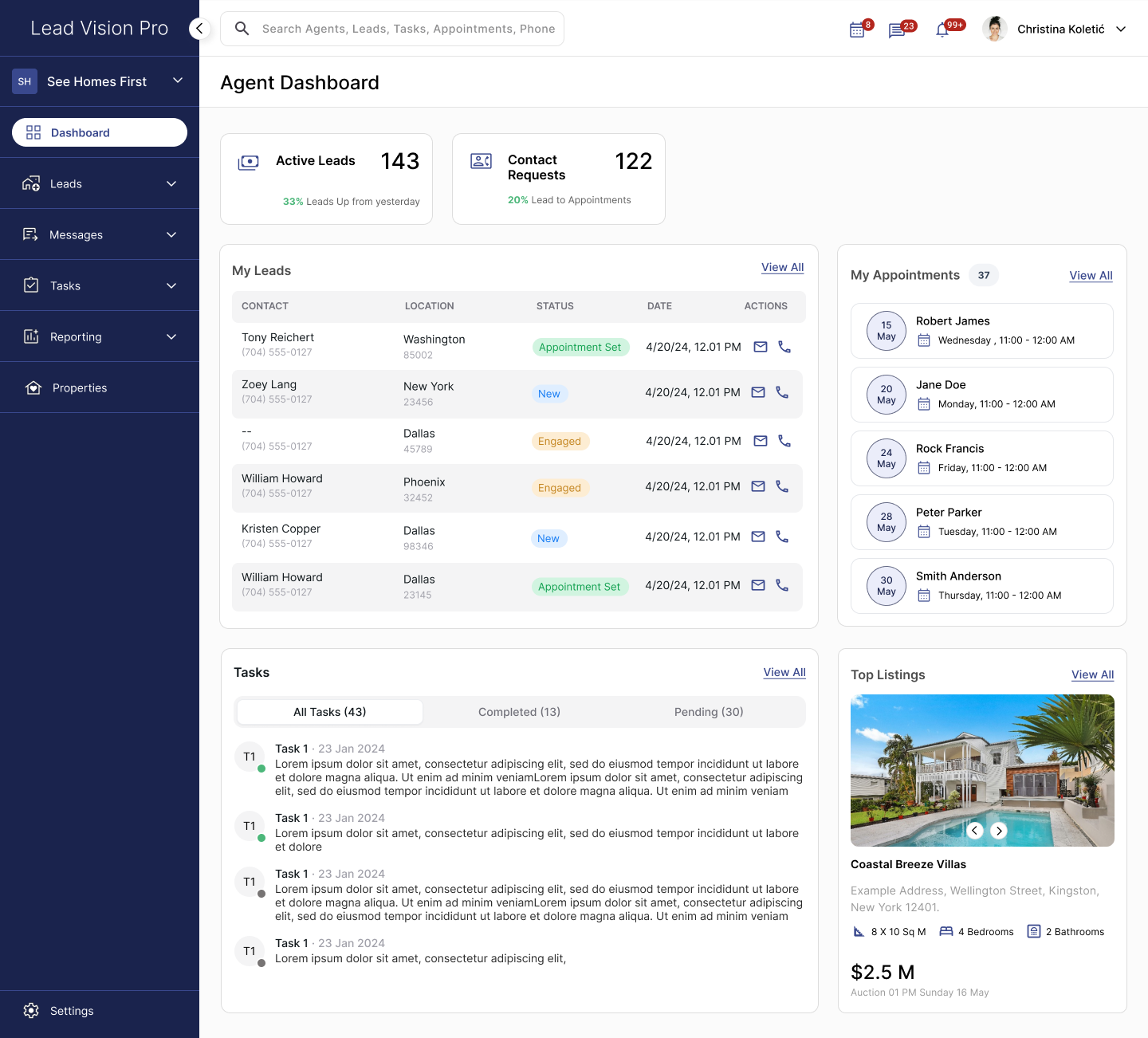 Lead Vision Pro agent dashboard screen