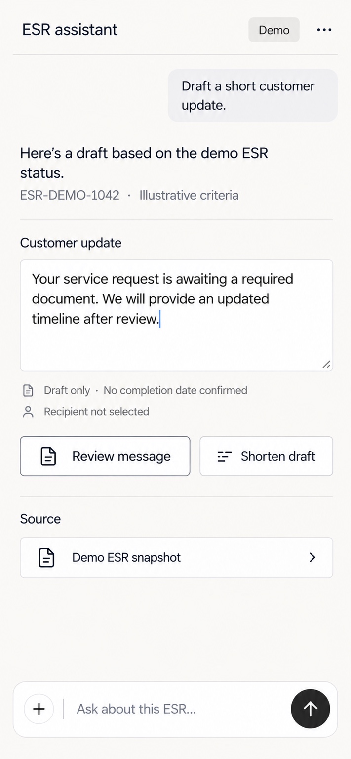 Mobile demo of an unsent customer-message draft