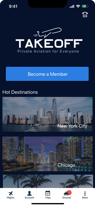 TakeOff Become a member screen